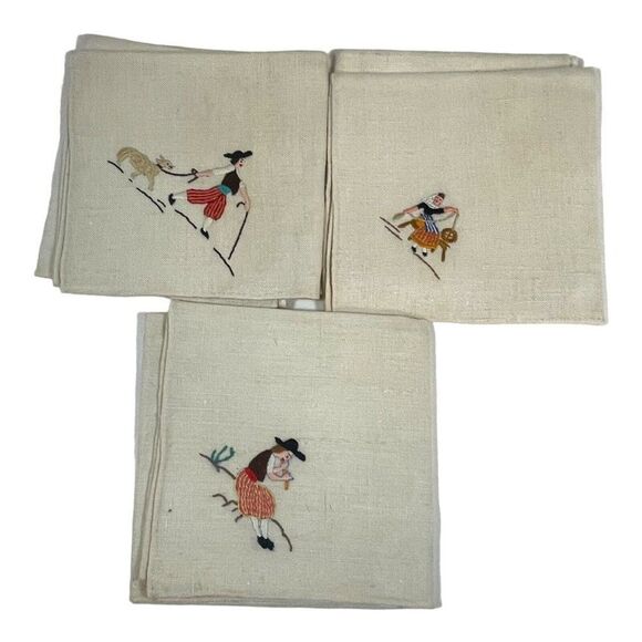 Vtg Embroided Napkins Set Of 3 Boy With Dog Mexican Man Flute Lady With Loon - Picture 1 of 6